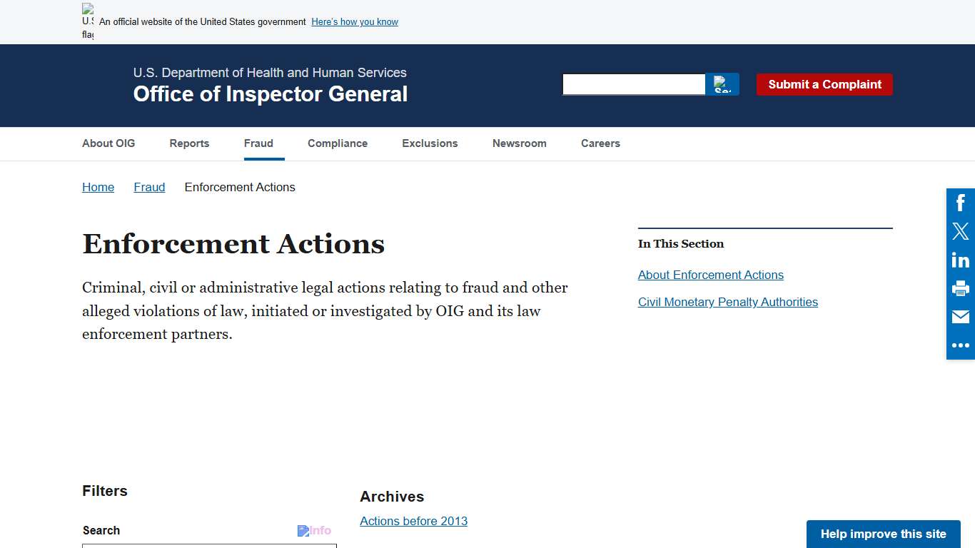 Enforcement Actions Office of Inspector General Government Oversight U.S. Department of Health and Human Services